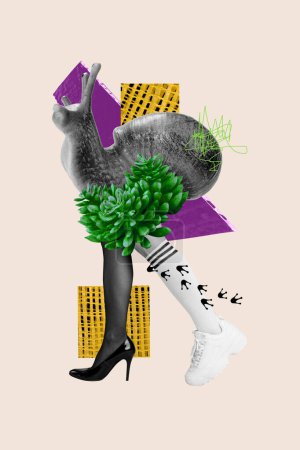 Composite Collage Bild Bild von Schnecke Tier zu Fuß weibliche Beine High Heels Schuhe gehen seltsam freak bizarre ungewöhnliche Fantasie Werbetafel.