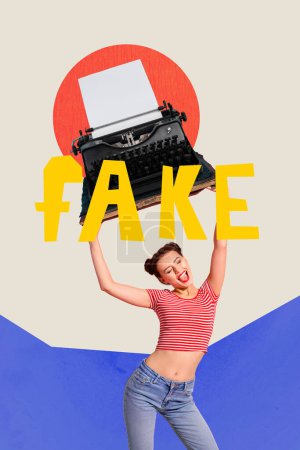 Vertical collage picture illustration beautiful cheerful positive young lady hold big vintage typewriter paige write fake news banner.