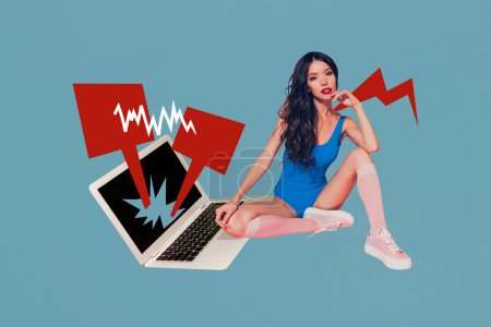 Creative poster collage of attractive sexy female broken laptop network message bully comment weird freak bizarre unusual fantasy billboard.