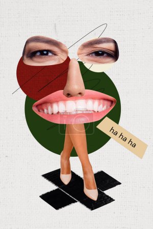 Vertical creative collage photo picture young woman legs face fragments mosaic bizarre freak concept toothy smile eyes staring haha joke.