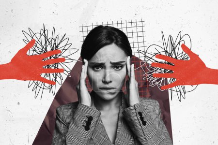 Collage photo image minimale de femme déprimée stressée se sentant migraine fond créatif isolé.
