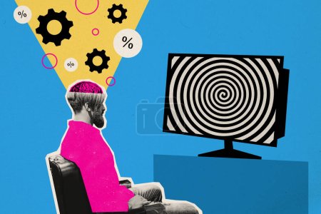 Foto collage imagen sentado joven viendo monitor hipnosis espiral lavado de cerebro propaganda ajuste cogwheel mente control total.