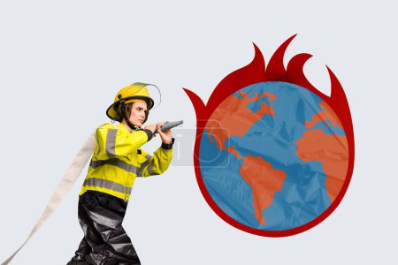 Collage picture illustration firefighter serious angry young woman extinguish fire global warming sos problem sketch draw template.