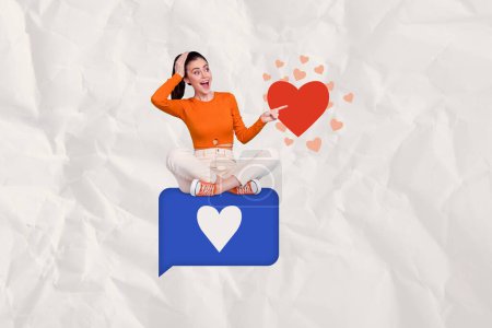 Foto-Collage Bild junge glücklich erstaunt Mädchen sitzen Herz Benachrichtigung Ikone erhöhen Anhänger Abonnenten Social Network Popularität.