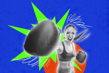 Horizontal funny photo collage of young strong sportive boxer woman do exercise hit opponent workout achievement on blue background.