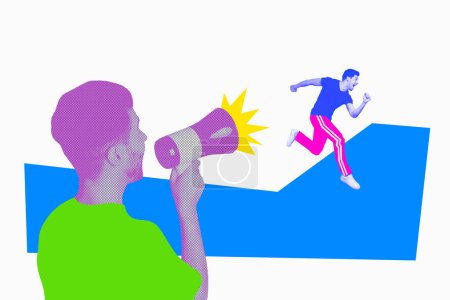 Collage young running sportsman guy marathon competition rush megaphone encourage announcement info special offer promotion.