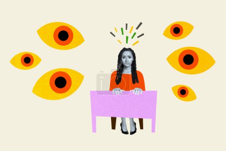 Kreativ Foto-Collage junge gestresste verwirrte Frau leiden Augenspionage Vision Gesicht Fragment Privatsphäre Gewalt weißer Hintergrund.