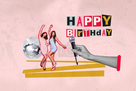 Foto dibujo collage foto de sonriente divertido damas celebrando cumpleaños karaoke club aislado color rosa fondo.