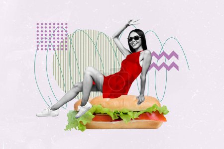 Photo collage picture young cheerful carefree woman sit sandwich food calories diet show peace sign two fingers sunglass.