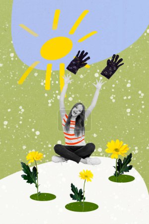 Vertikale kreative Collage Poster junge Mädchen ändern Kleidung Winter im Freien Schneeflocke fallende Gänseblümchen Blumen neue Saison Sonnenschein Vorhersage.