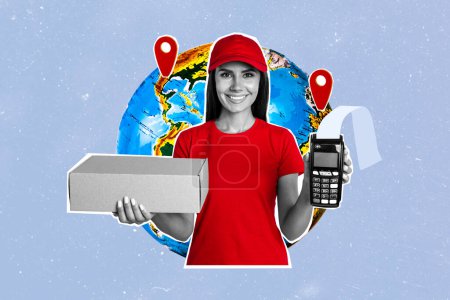 Artwork collage of smiling cheerful girl courier hold terminal advertise international delivery service isolated on drawing background.
