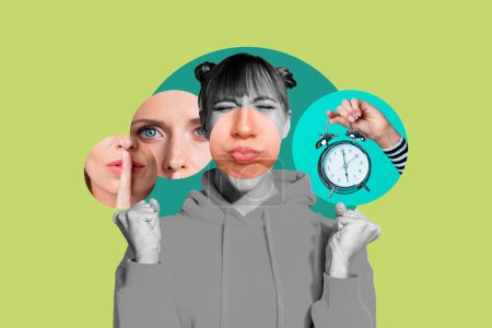 Composite collage picture image of different face parts nervous female hand hold clock time weird freak bizarre unusual fantasy.