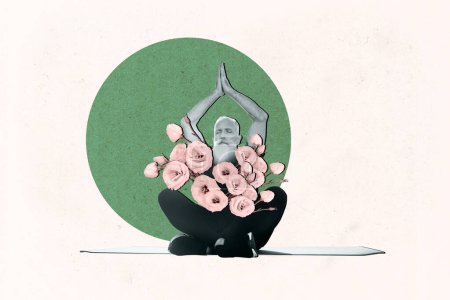 Exklusive Magazin Bild Skizze Collage Bild von verträumten friedlichen Senior Kerl Blumen wachsen Brust isoliert beige Farbe Hintergrund.