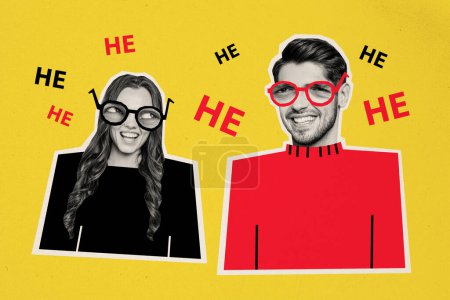 Photo collage of two young friends laughing and joking when see how funny their eyeglasses distorts faces isolated on yellow background.