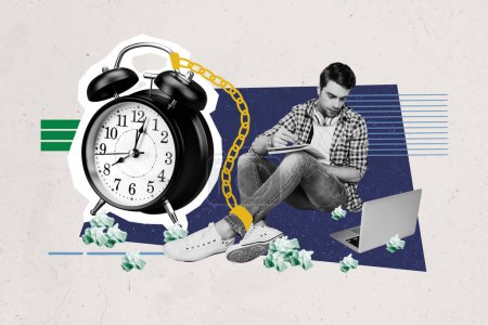 Horizontal artwork collage photo of diligent young student attached to big clock write hold copybook look at laptop lack of time deadline.