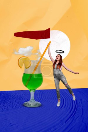 Vertical creative collage image illustration tenderness beautiful miniature young lady hold straw large cocktail colorful template.