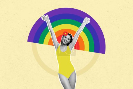 collage creativo ilustración ilustración efecto monocromo emocionado alegre encantadora mujer joven apoyo lgbtq arco iris orgullo mes plantilla.