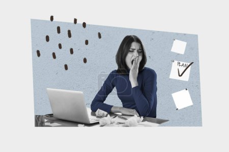 Magazine collage picture exhausted overworked woman stressed tired yawning looking checklist plans isolated on gray color background.