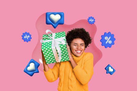 Fotocollage junge Frau neugierig Überraschung Geschenkbox Benachrichtigung Blogging Herz wie Symbol-Taste Verkauf Targetologe Rabatt.