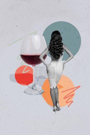 Vertikale kreative Collage Bild von attraktiven Mädchen Rückansicht Weinglas Restaurant Alkohol Party feiern ungewöhnliche Fantasie Plakatwand Comics.