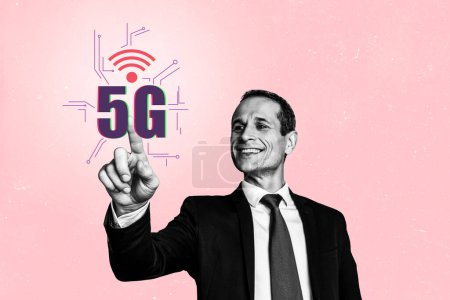 Imagen creativa collage imagen de empresario exitoso desarrollador blanco negro ultra rápido 5g conexión wifi a Internet aislado sobre fondo rosa.