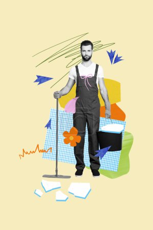 Collage artwork of man worker hold bucket mop washing floor cleaning nature isolated on drawing background.