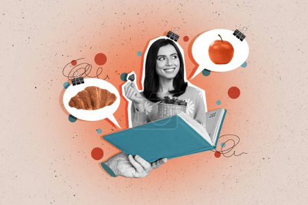 ilustraciones collage imagen de negro blanco efecto brazo mantenga abierto bloc de notas mini alegre chica dentro comer fresa pensar mente burbuja croissant manzana.
