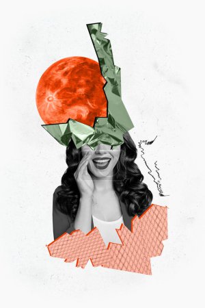 Vertical affiche de collage créatif jeune femme partager secret paume chuchoter ouï-dire rumeurs confidentielles dire partager opinion planète tête.