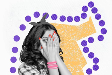 Kreative Foto-Collage junge Frau bedecken Gesicht Arme Handflächen gucken ein Auge Vision aussehen Angst verängstigt Zeichnung Hintergrund.