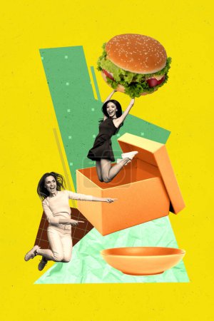 affiche collage vertical jeunes deux filles heureuses sauter menu de café commander hamburger malsaine nourriture délicieux plat de boîte de carton alimentaire.