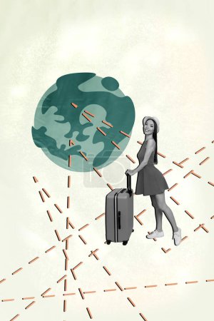 Creative poster collage of traveler young girl with huge baggage destination on planet earth country isolated over beige color background.