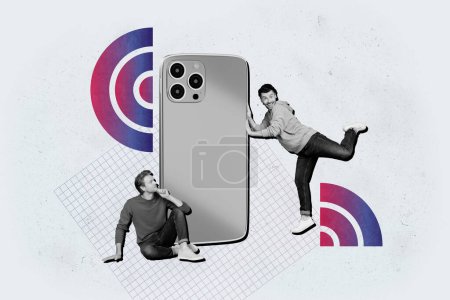 Composite graphics collage image of two joyful young guys freelancer iphone high speed Internet wifi connection 5g work online isolated on grey color background.