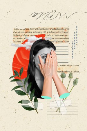 Vertikale Collage Poster junge Frau bedecken Gesicht Hände Handflächen verstecken Angst Literatur Buchseite Hintergrund organische Pflanze.