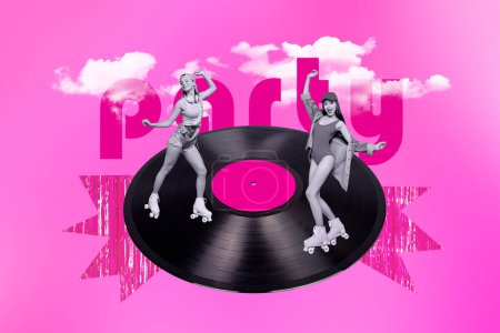 3d retro abstract creative artwork template collage of carefree funky ladies riding vinyl plate having fun isolated pink color background.