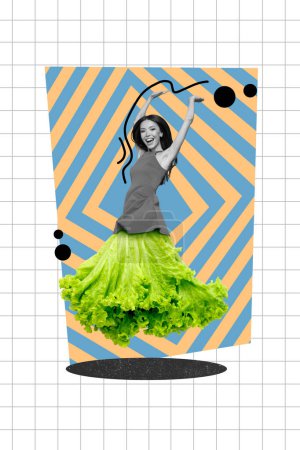 Collage 3D-Bild Pinup Pop Retro-Skizze von lustig aufgeregt weiblichen Tanz fühlen Leichtigkeit Salatsalatrock bizarre ungewöhnliche Fantasie Werbetafel.
