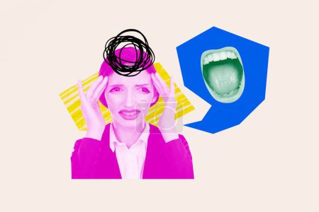 3d retro abstrakte kreative Kunstwerk Vorlage Collage von müden weiblichen Angestellten Migräne Chef schreien Druck seltsam freak bizarr ungewöhnlich.