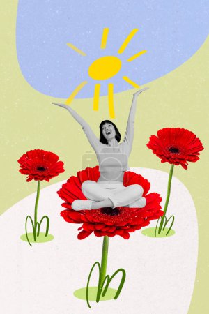 Vertical collage image young happy girl sit top red flower celebrate warm weather sunshine plant blossom spring summertime.