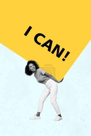 Composite creative art collage of american smile young girl curls carry load i can motivation motto goal stimulation choice isolated on blue background.
