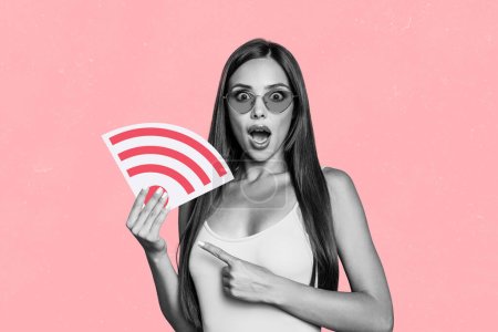 Composite 3d photo artwork graphics collage of astonishment beautiful young girl hold picture wifi shocked free connection isolated on pink color background.