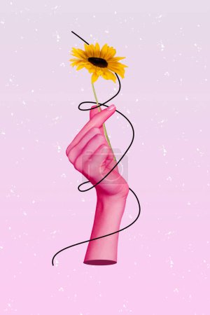 Vertical creative collage placard of fingers gesture korean love symbol and holding beautiful sunflower isolated on pink background.