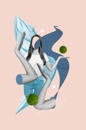 Vertikale kreative Collage Poster junge Frau gesichtslosen leeren Raum Wellness-Salon Promo Hautpflege natürliches Öl organische grüne Blatt Gesundheit.