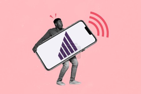 compuesto 3d foto ilustraciones gráficos collage de impactado chico americano mantenga gran teléfono iphone rápido 5g conexión wifi aislado sobre fondo de color rosa.
