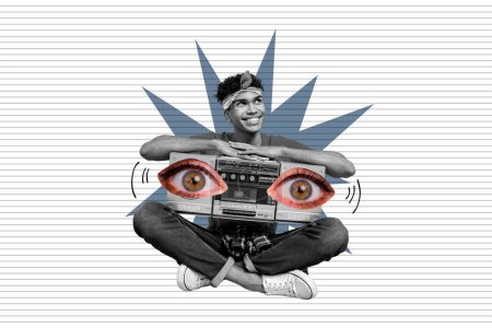 Collage 3d image of pinup pop retro sketch of young man hold boombox eyes listen music enjoy discotheque unusual fantasy billboard comics.