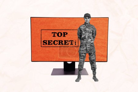 Verbundwerkstoff kreative Kunst Collage von ernsthaften strengen militärischen Mädchen Sicherheit Camouflage einheitliche geheime Privatsphäre Passwort Monitor isoliert auf beige Hintergrund.