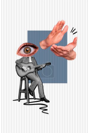 Creative poster collage of applause hands playing female musician guitar eye instead head performance weird freak bizarre unusual.