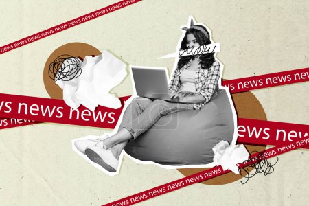 collage de revista creativa compuesta de joven reportera editor publicar línea roja medios de comunicación sentarse bolsa de frijol portátil arrugado papel aislado sobre fondo colorido.