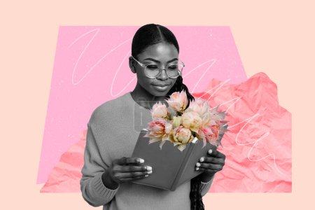 Bosquejo imagen tendencia ilustraciones 3D collage de fotos de la señora joven blanco negro leer libros ramo de flores en la mano 8 marzo Día Internacional de la Mujer.