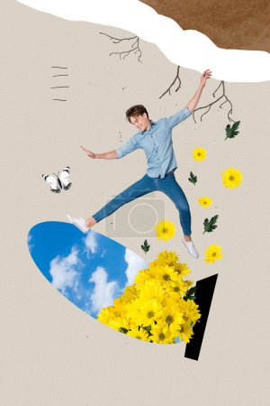 3D photo collage composite trend artwork sketch surreal image of young handsome guy fall down from cold winter to spring daisy season.