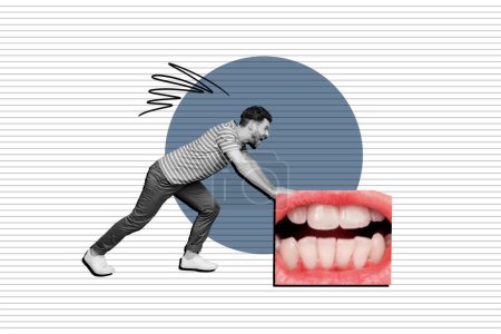 Composite collage image of angry struggling man pushing mouth facial elements teeth dentist service weird freak bizarre unusual.