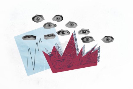 Foto Collage Bild Mensch mehrere Augen Gesicht Fragmente Ausschnitt Spion Konzept Spionage beobachten überwachen Verletzung der Privatsphäre weißen Hintergrund.